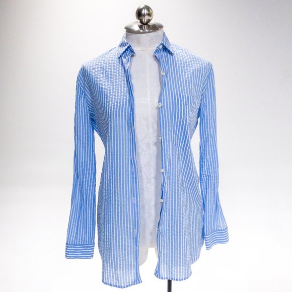 ATM XS / S Summer Seersucker Stripe Button Down Shirt Longsleeve Top July 4th - Picture 3 of 11